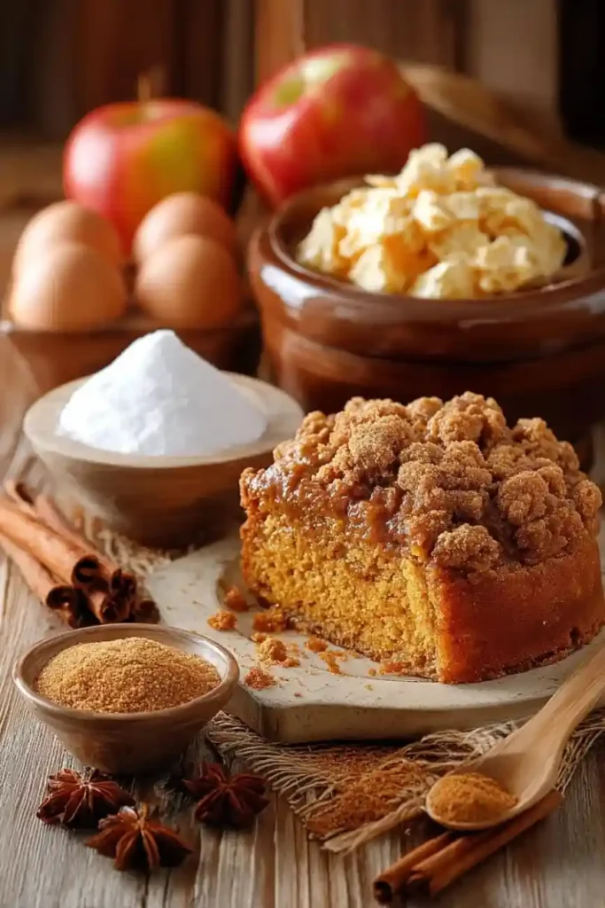 Rustic baking setup with caramel apple crumb cake slice, eggs, flour, butter, sugar, and cinnamon sticks arranged on a wooden table.