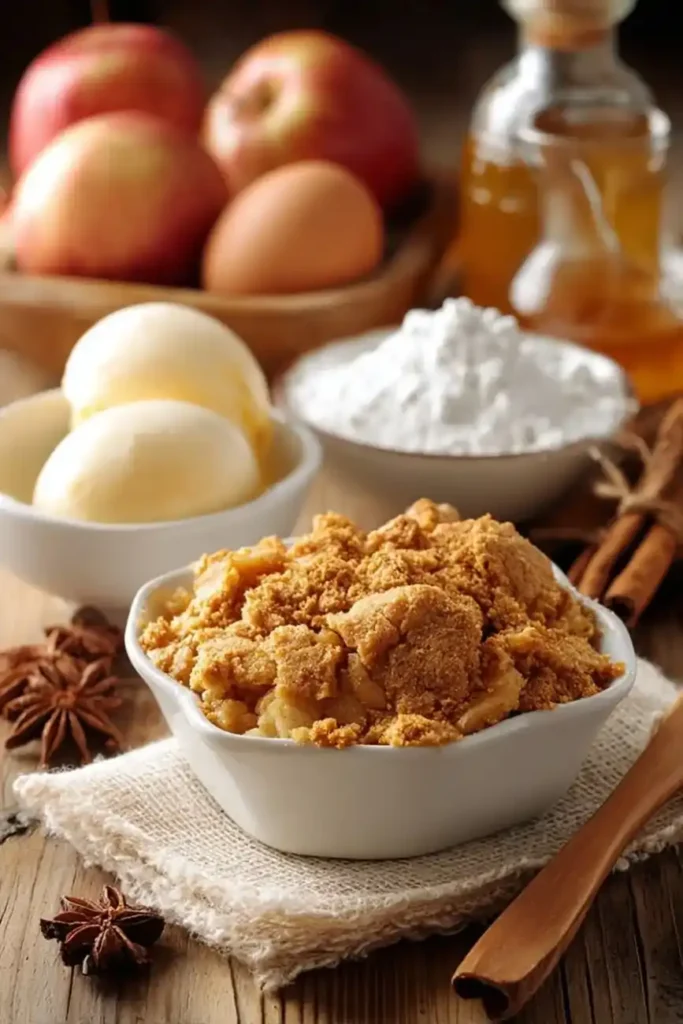 Caramel apple dump cake in a white baking dish topped with caramel drizzle, cinnamon, and crumbly golden topping.