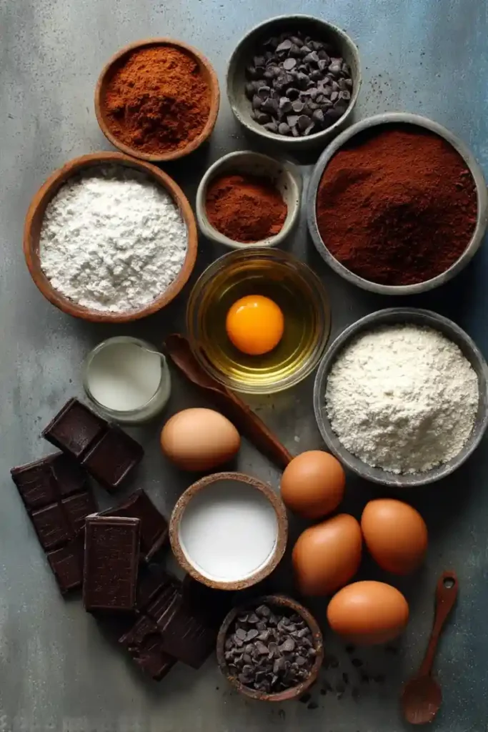 Flatlay of chocolate cake ingredients including eggs, flour, cocoa powder, sugar, chocolate chunks, and milk.