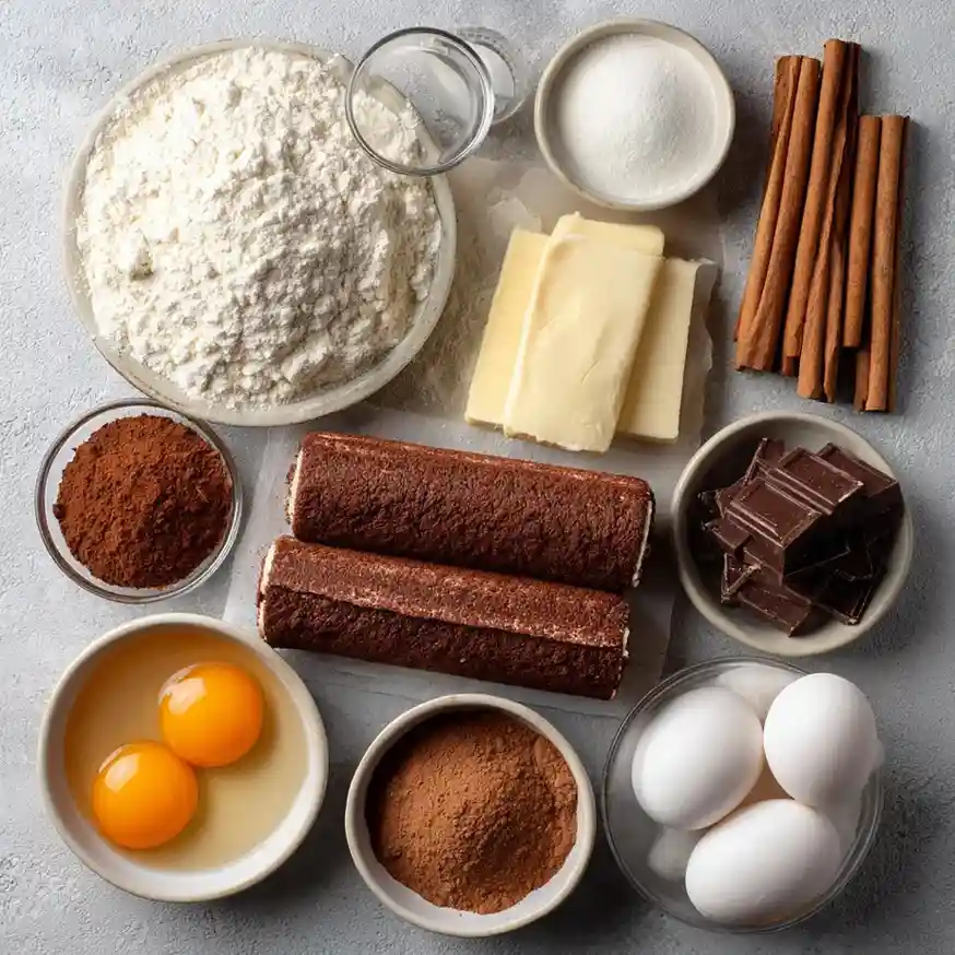 Ingredients for Chocolate Yule Log Cake flour, cocoa powder, eggs, butter, sugar, and chocolate bars.