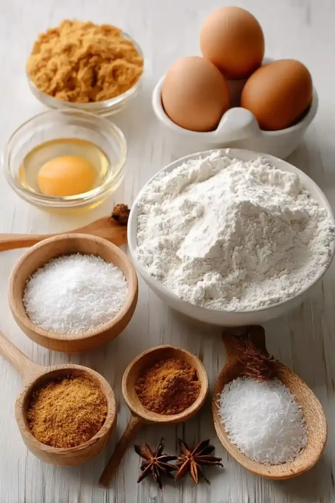 Baking ingredients for coconut cake including flour, eggs, sugar, and coconut flakes