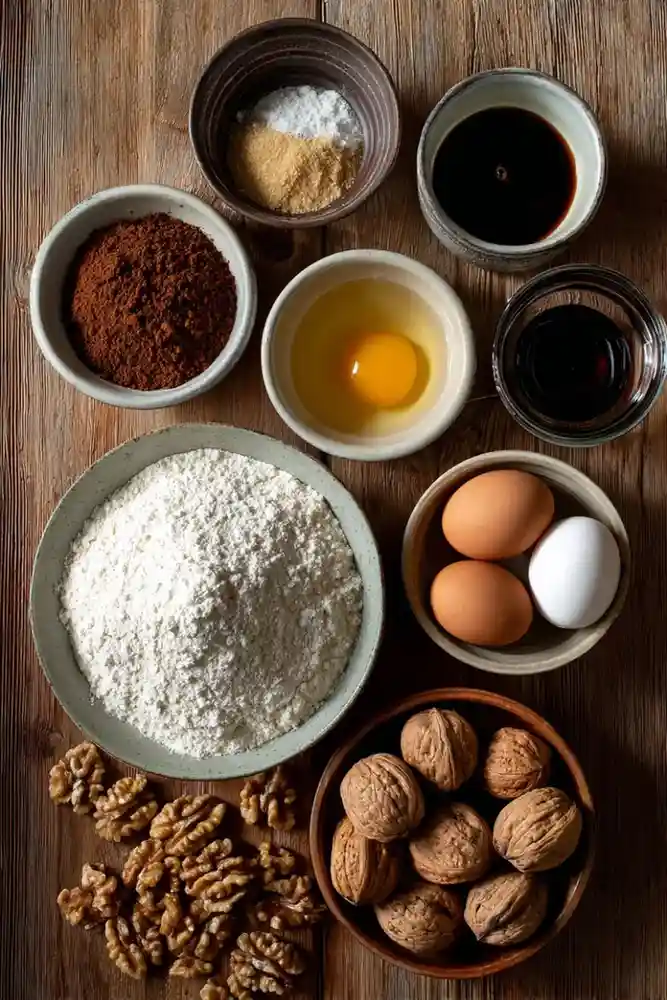 Coffee walnut cake ingredients including flour, sugar, cocoa, eggs, walnuts, and coffee on a rustic wooden table.