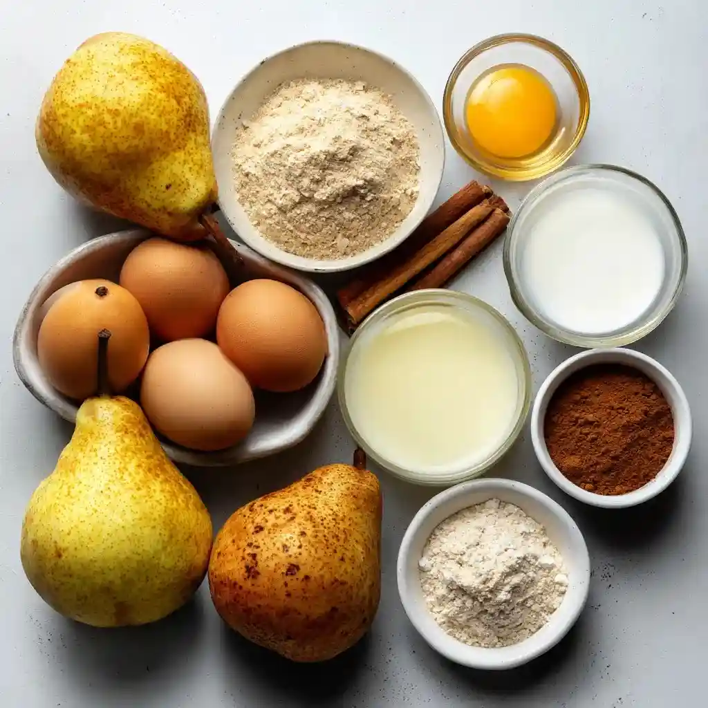 Overhead view of pears, eggs, flour, cinnamon, sugar, milk, and butter arranged on a white surface.