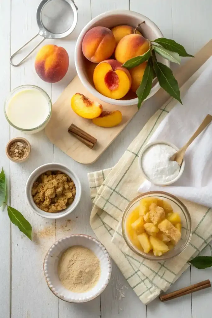 Home baker preparing crockpot peach cobbler by layering peaches and batter into a slow cooker.