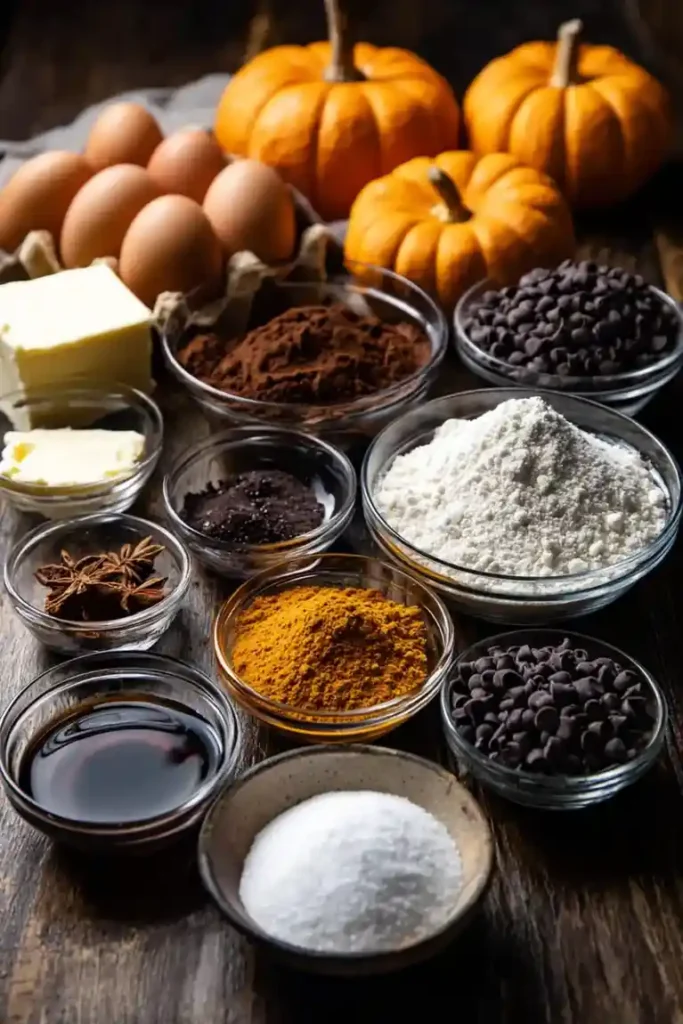 Flat lay of baking ingredients for a Halloween dirt cake including cocoa powder, flour, butter, eggs, chocolate chips, and small pumpkins on a rustic table.