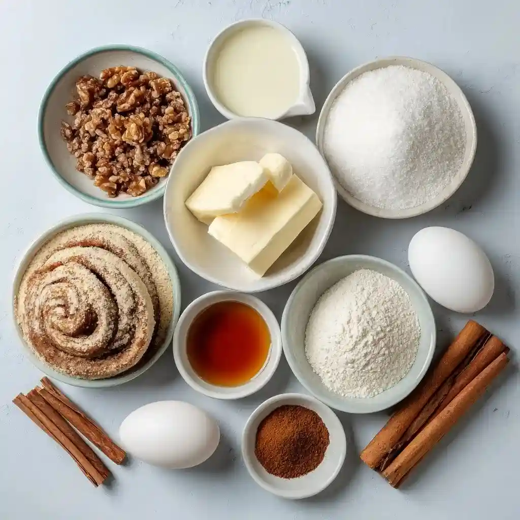 Baking ingredients for cinnamon swirl cake including butter, flour, eggs, cinnamon, sugar, and vanilla.