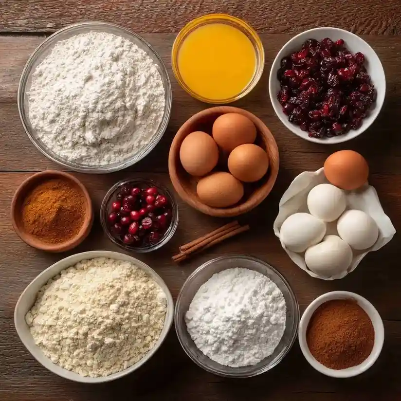 Overhead shot of Thanksgiving cake baking ingredients including flour, eggs, cranberries, cinnamon, and sugar on a wooden table.