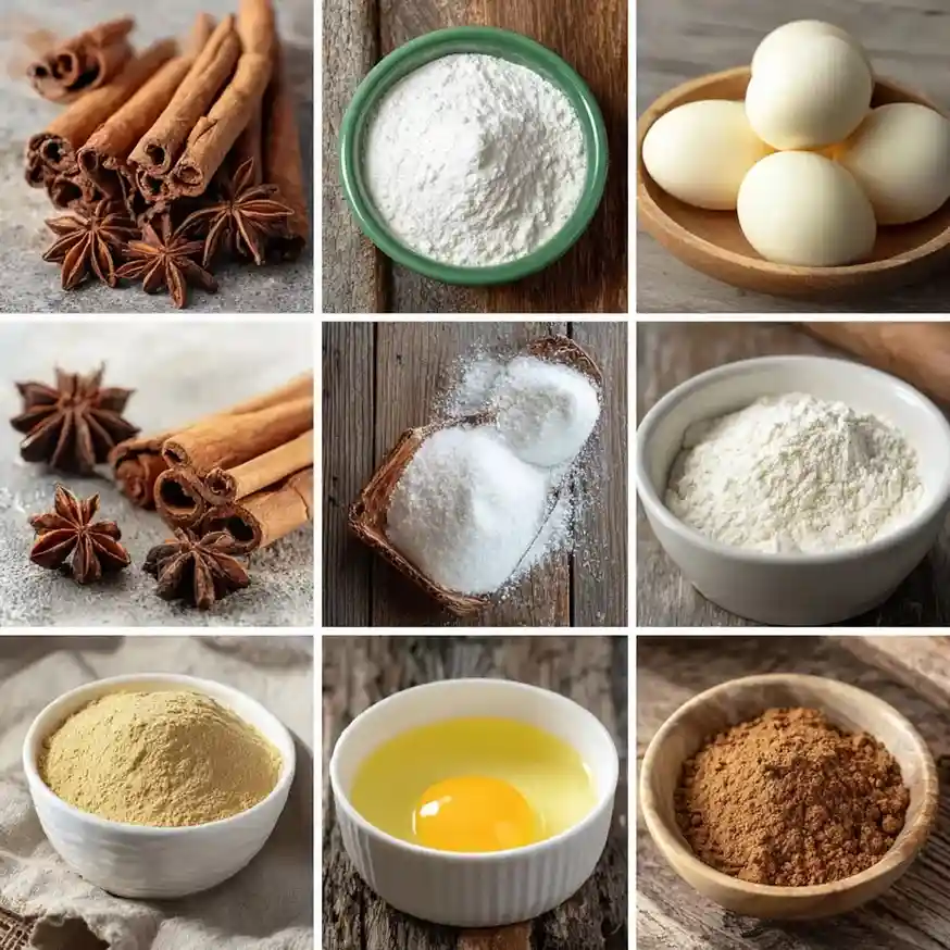 Flat lay of baking ingredients including cinnamon sticks, eggs, flour, sugar, and nutmeg.