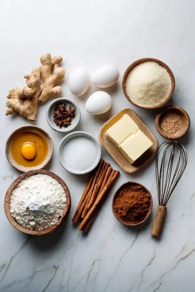 Flat lay of gingerbread cake ingredients including fresh ginger, eggs, butter, flour, cinnamon sticks, and star anise on a marble surface.
