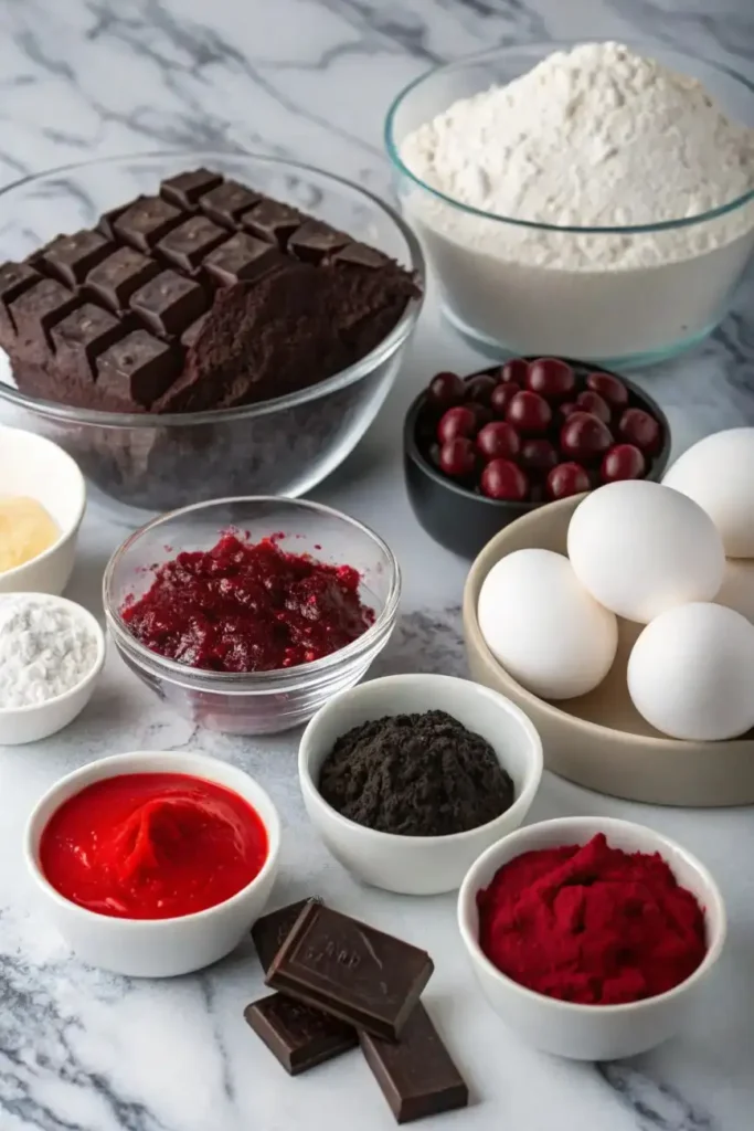 Baking ingredients for gothic chocolate cake including cocoa, flour, cherries, and eggs.