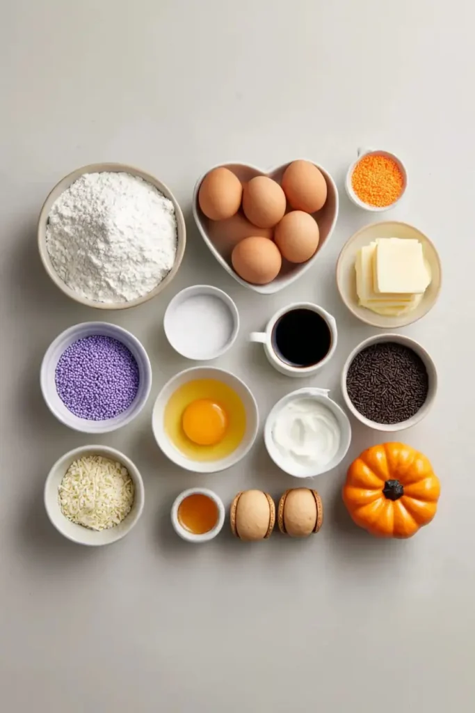 Flat lay of Halloween baking ingredients including eggs, flour, butter, chocolate chips, sprinkles, and mini pumpkins arranged on a white background.