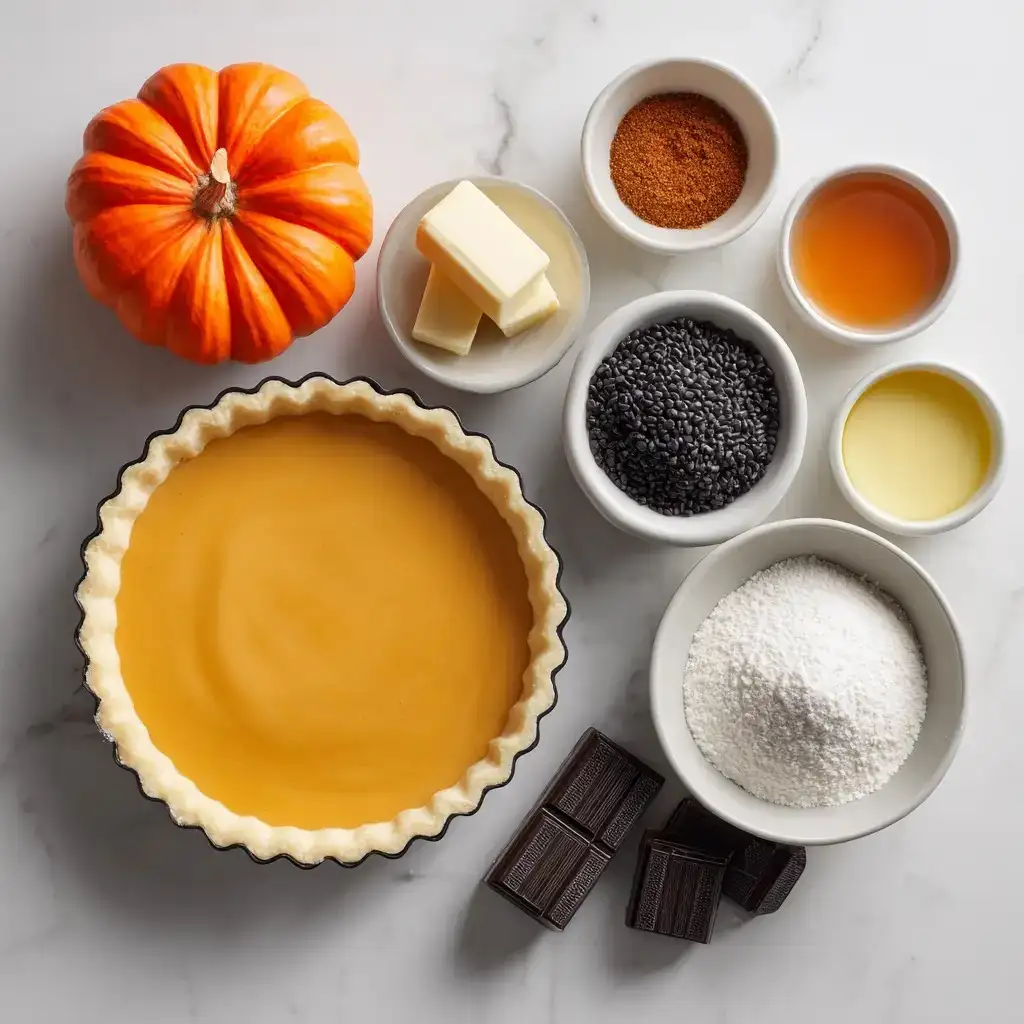 tart shell with pumpkin filling surrounded by butter, chocolate, and baking ingredients