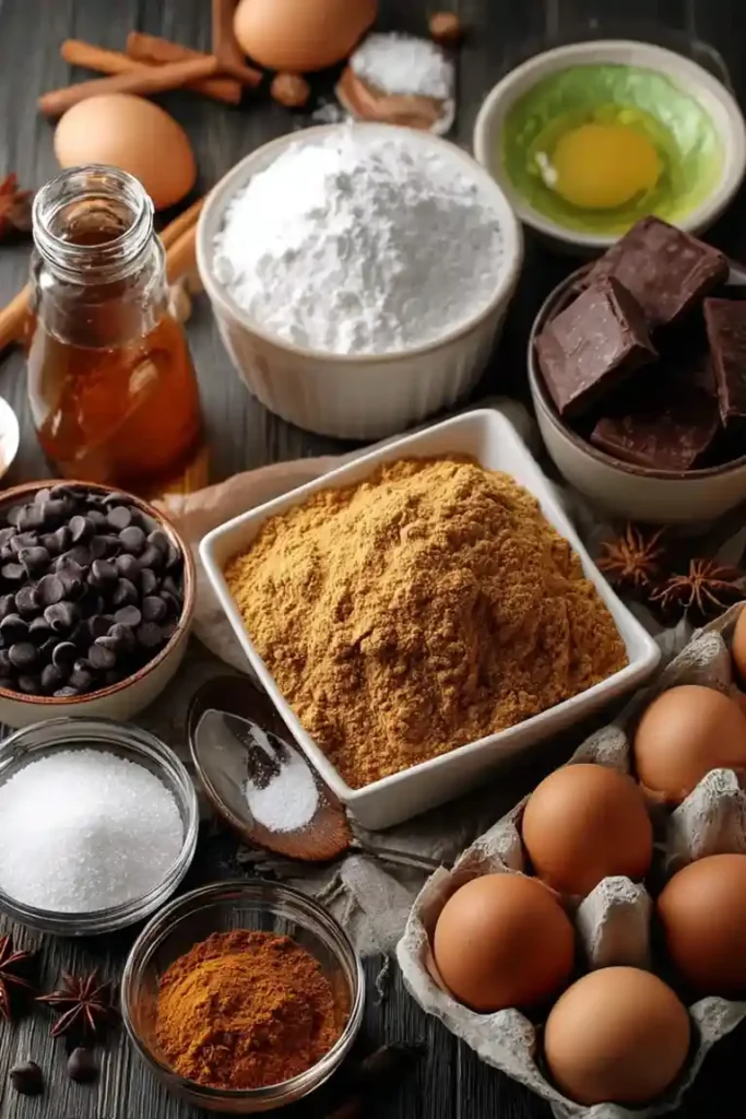 Halloween cake ingredients including eggs, flour, cocoa, chocolate, and spices.