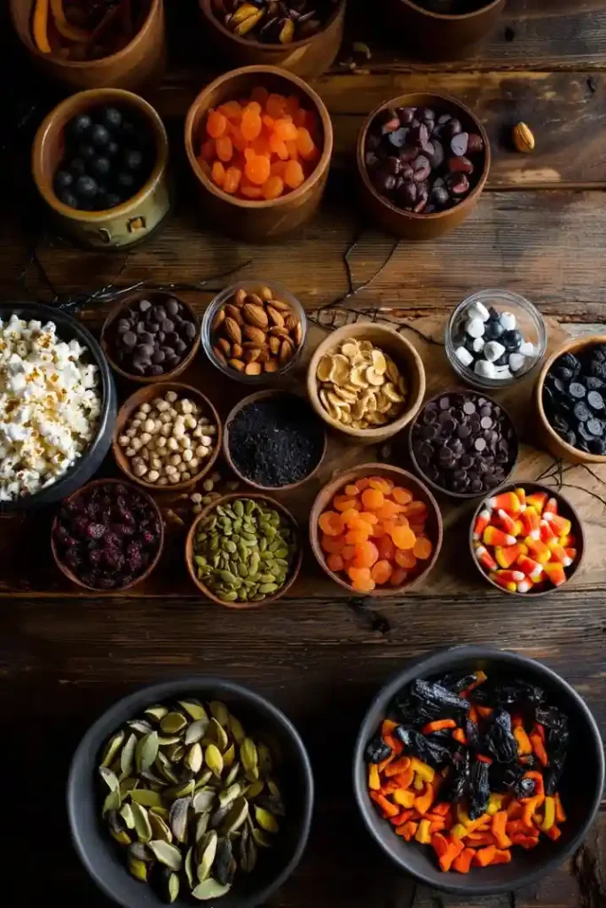 Assortment of ingredients for Halloween trail mix including nuts, dried fruit, candy corn, chocolate chips, and popcorn in small wooden bowls.