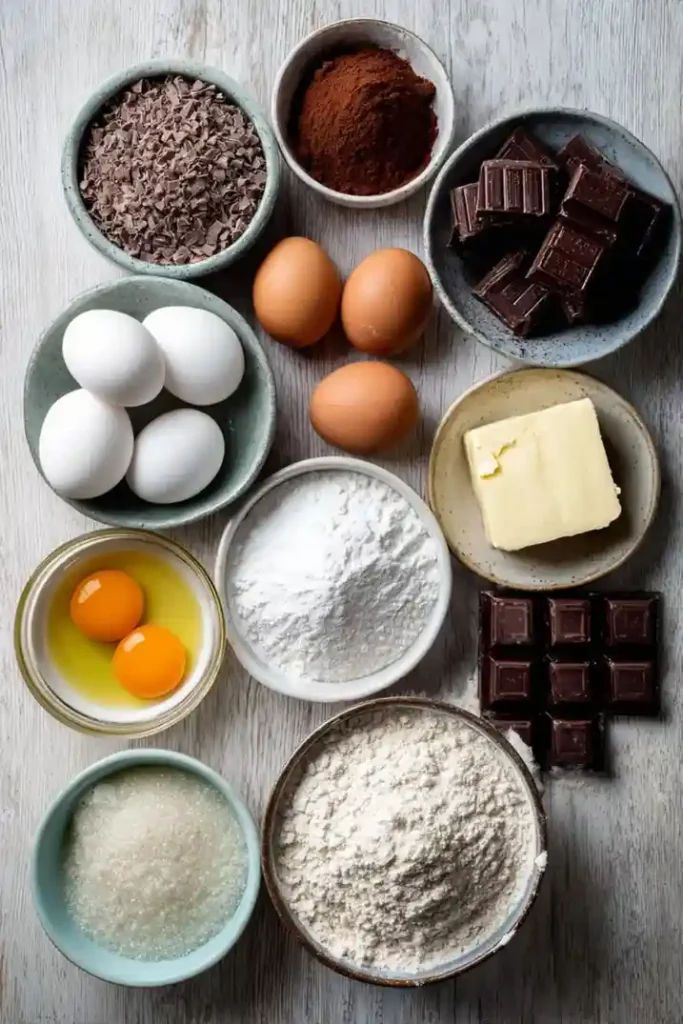 Flat lay of hot chocolate cake ingredients including flour, cocoa powder, eggs, butter, chocolate, and sugar.