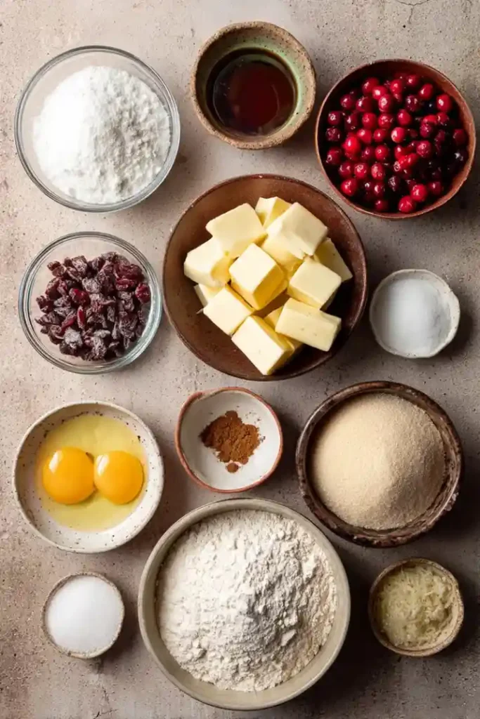 Flat lay of ingredients for mini Christmas cakes including butter, eggs, flour, cranberries, raisins, and spices.