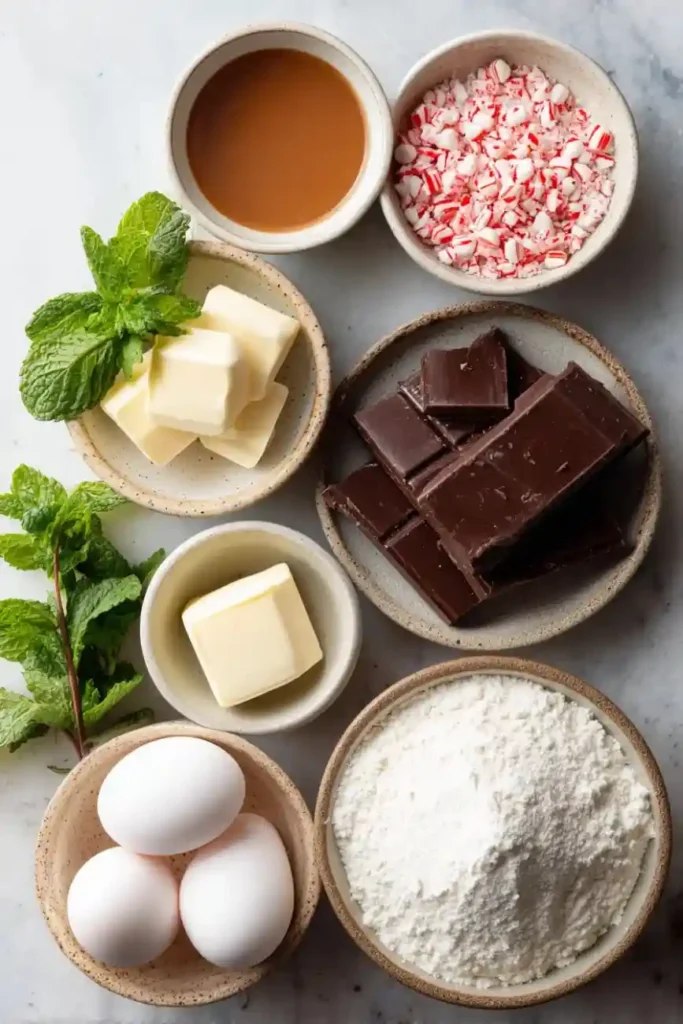 Overhead shot of peppermint mocha cake ingredients including butter, eggs, chocolate, crushed candy canes, flour, and coffee.
