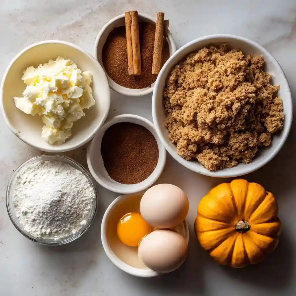 Ingredients for pumpkin spice crumb cake including pumpkin, eggs, brown sugar, butter, flour, and cinnamon sticks arranged on a marble surface.