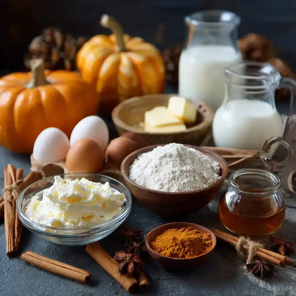 Fall baking ingredients on a table including pumpkins, flour, eggs, butter, milk, and cinnamon sticks.