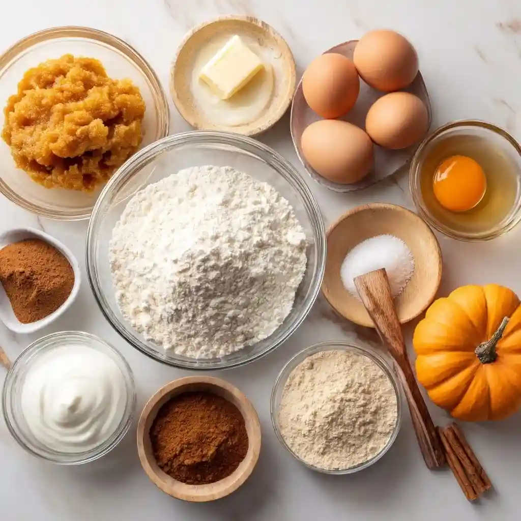 Bowls of flour, pumpkin puree, spices, eggs, butter, and cream on a marble countertop, showing the ingredients for homemade pumpkin spice poke cake.