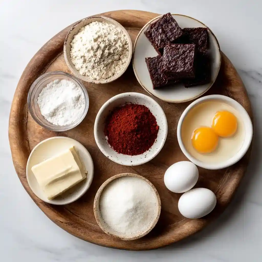 Overhead shot of red velvet brownie bite ingredients including flour, cocoa powder, sugar, eggs, butter, and brownie pieces on a round wooden tray.