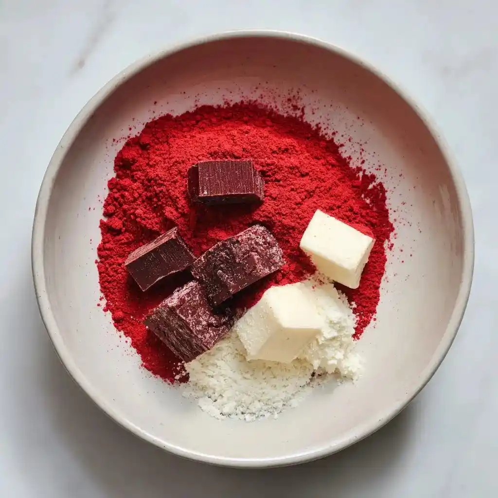 A white bowl filled with red velvet powder, butter, and chunks of chocolate, ready for mixing into homemade ice cream.