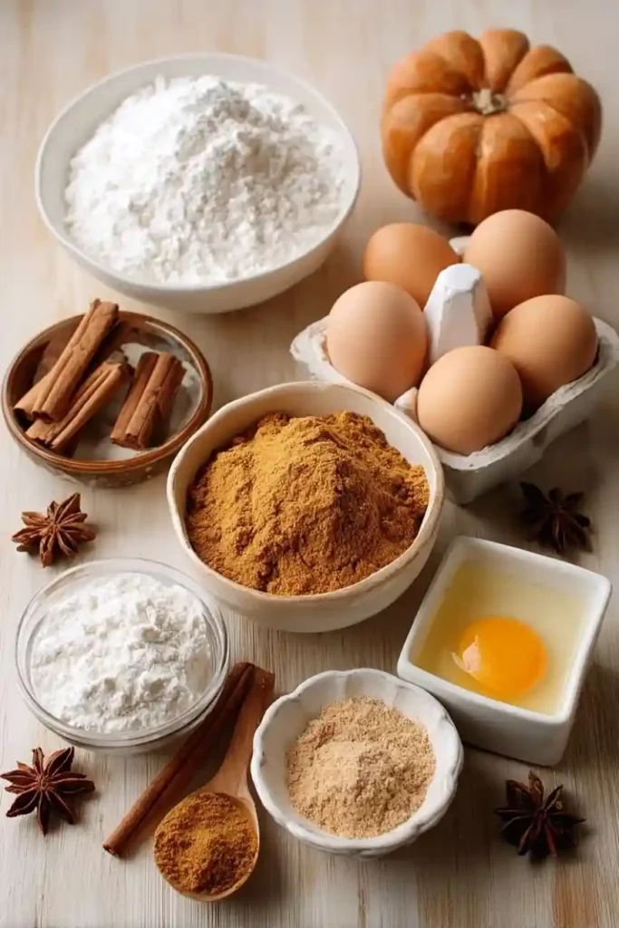 Bowls of flour, pumpkin puree, brown sugar, cinnamon sticks, eggs, and spices arranged on a wooden table.