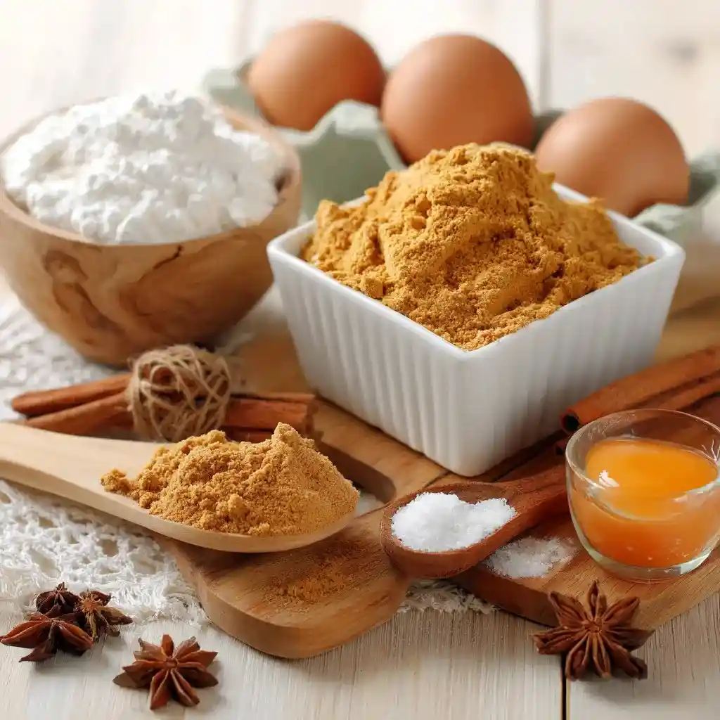 Baking ingredients for a spice cake mix and pumpkin recipe including brown sugar, flour, eggs, cinnamon sticks, and star anise on a rustic table.