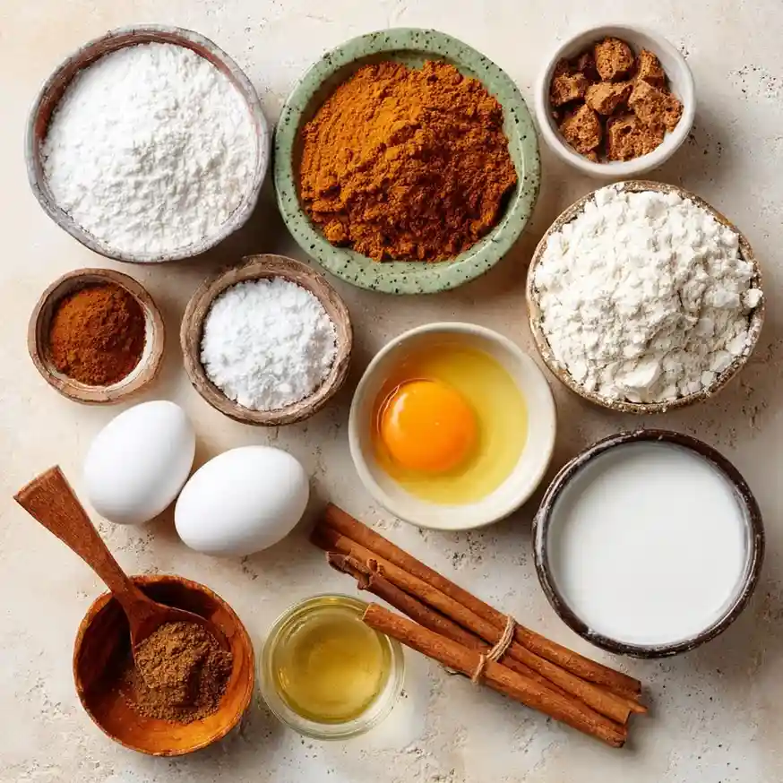 Baking ingredients for spice cake pumpkin cookies including flour, eggs, cinnamon, brown sugar, milk, and pumpkin spice arranged in small bowls.