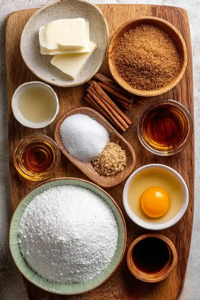 Overhead shot of butter, brown sugar, flour, egg, cinnamon sticks, vanilla, and rum arranged on a wooden board for spiced rum cake.