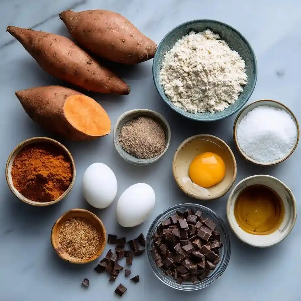 Fresh sweet potatoes, flour, eggs, spices, chocolate chunks, and vanilla arranged neatly on a marble surface for baking.