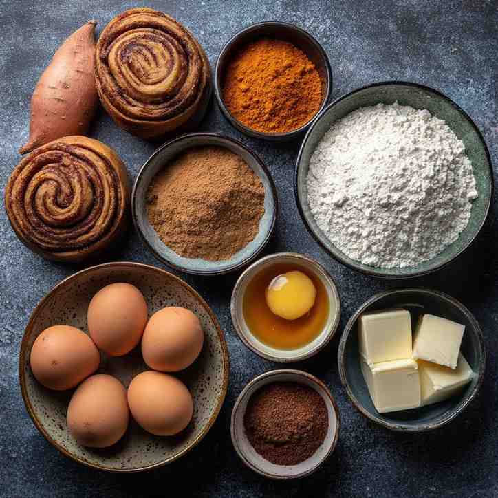 Overhead view of ingredients for Sweet Potato Cinnamon Roll Cake, including flour, eggs, butter, cinnamon, brown sugar, and sweet potatoes on a rustic surface.