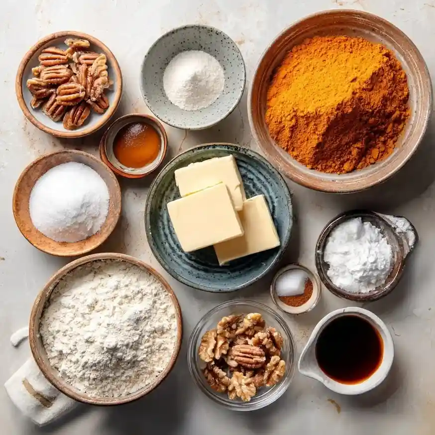 Top view of sweet potato coffee cake ingredients including flour, butter, brown sugar, pecans, and warm spices in rustic ceramic bowls.