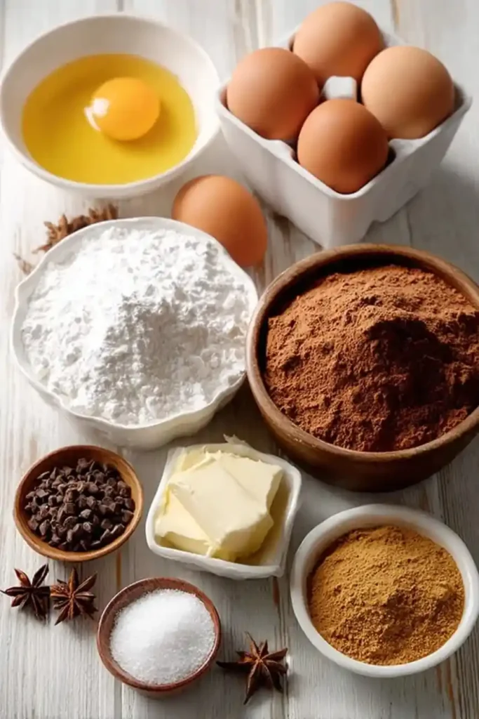 Baking ingredients for Texas Sheet Cake including cocoa powder, flour, butter, eggs, sugar, and spices arranged on a wooden table.