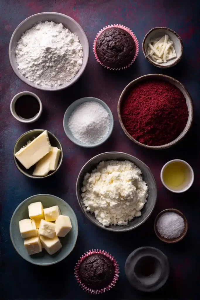 Baking ingredients for Vampire Bite Cupcakes including flour, butter, cocoa, sugar, and red velvet crumbs.