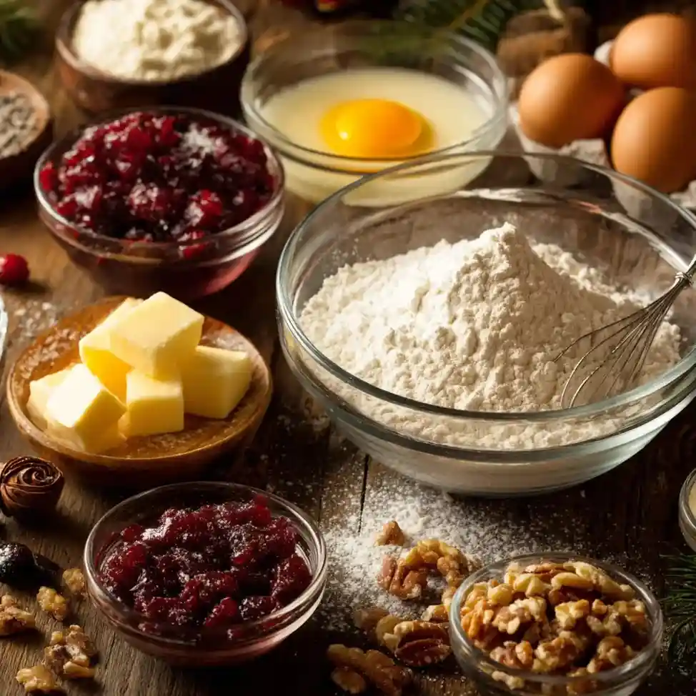 Holiday baking ingredients for Yule cookies including butter, flour, dried fruits, nuts, and eggs on a rustic wooden table.