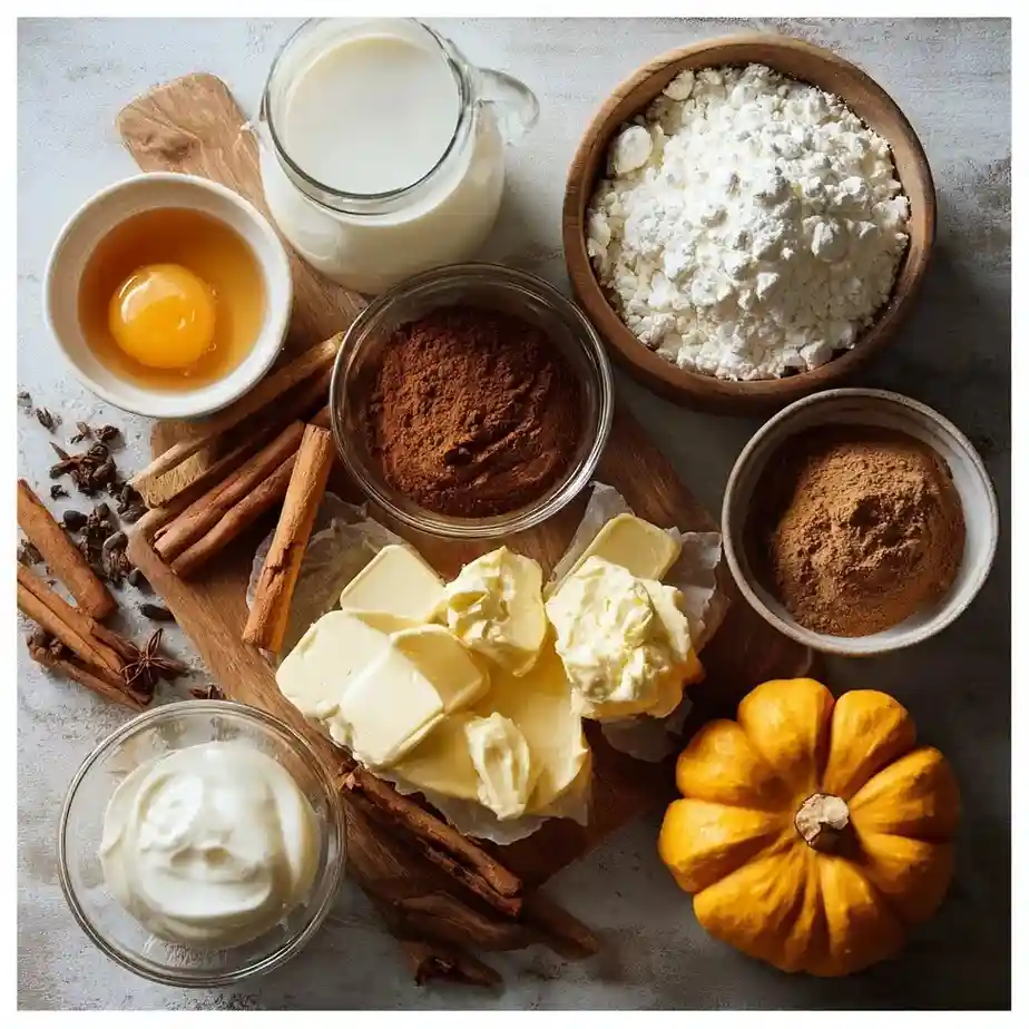 Ingredients for pumpkin spice latte cake including flour, butter, milk, eggs, pumpkin, and cinnamon sticks arranged on a wooden board.