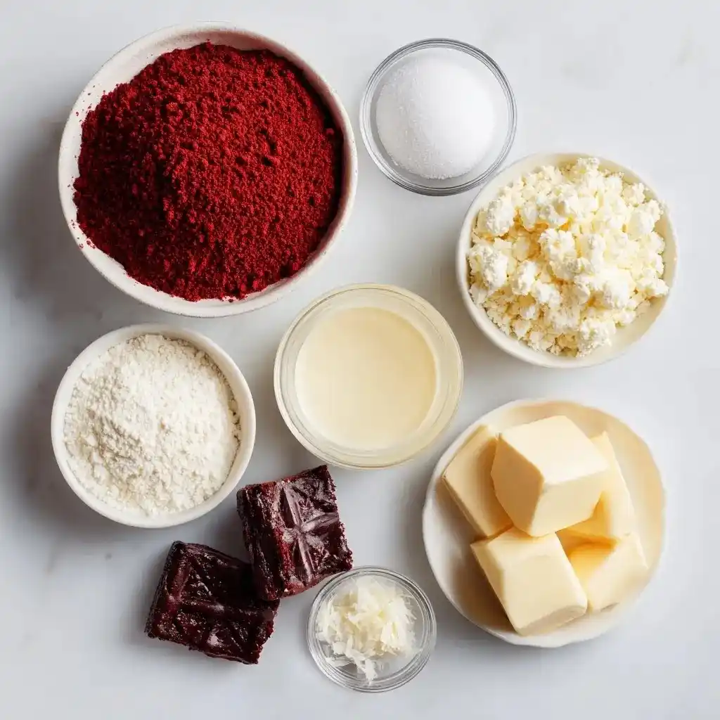 Baking ingredients for red velvet brownie cheesecake including red velvet crumbs, butter, flour, sugar, cream, and cream cheese.