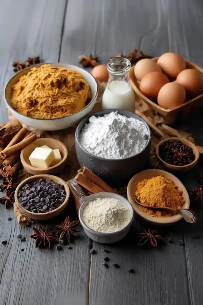 Flat lay of Halloween brownie ingredients including flour, cocoa powder, pumpkin puree, eggs, butter, and warm spices on a rustic gray table.