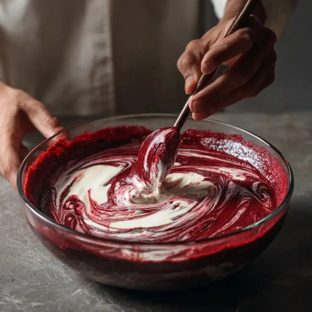 Mixing red velvet brownie batter with creamy cheesecake swirl in a glass bowl.
