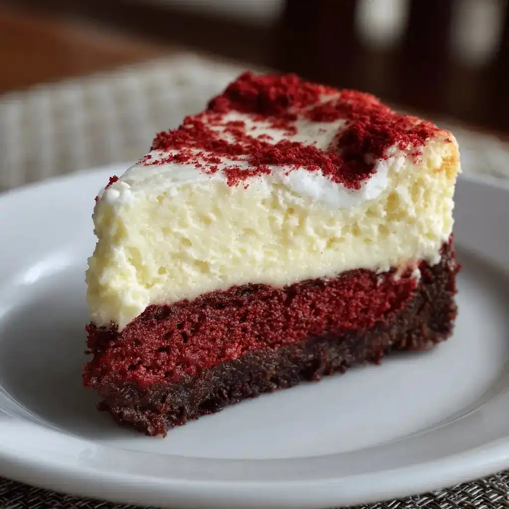A slice of red velvet brownie cheesecake with distinct layers of brownie, red velvet, and creamy cheesecake.