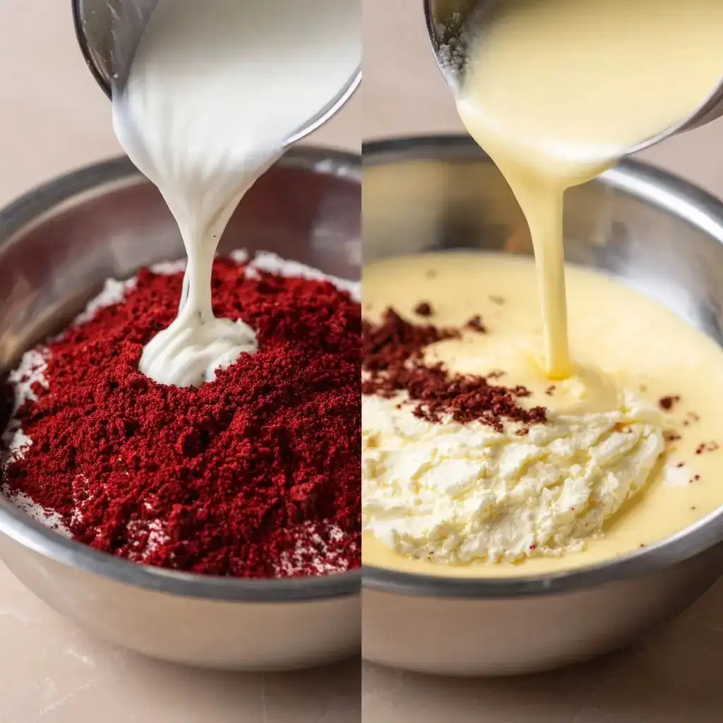 Preparing red velvet cheesecake batter by mixing red velvet crumbs with cream and custard mixture.