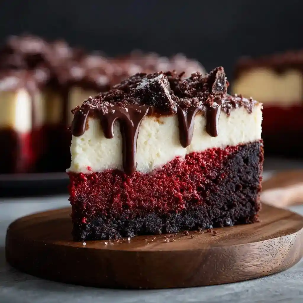 Slice of red velvet brownie cheesecake topped with chocolate drizzle and Oreo crumbles.