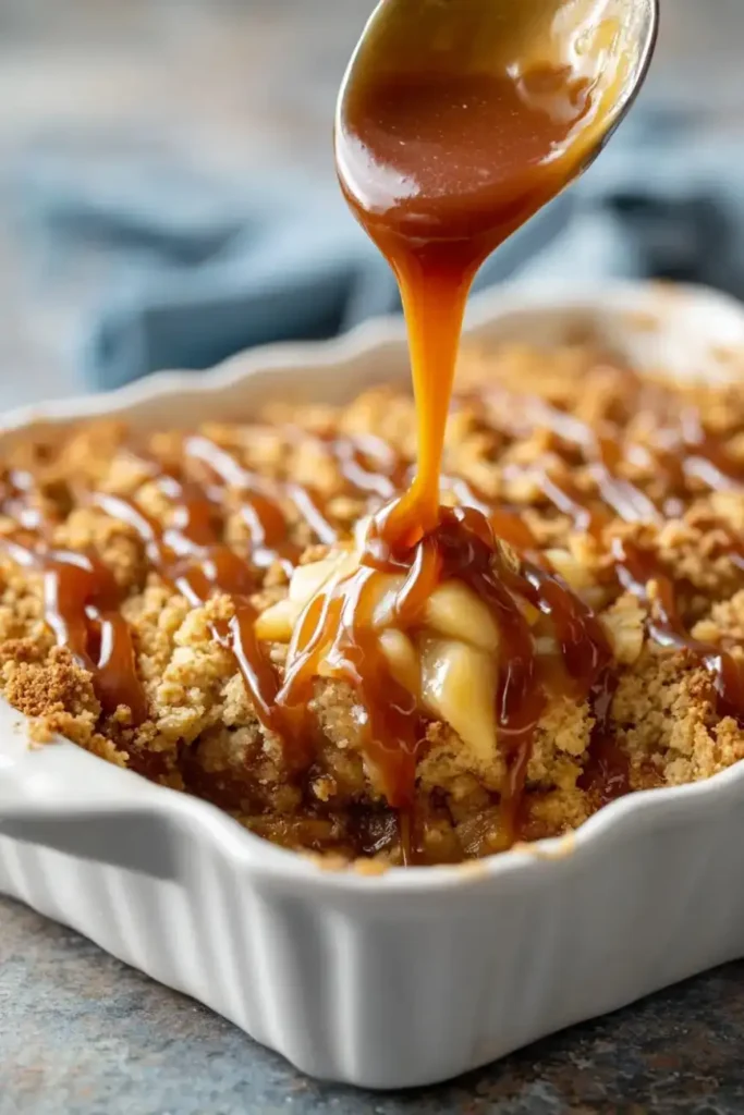 Caramel apple dump cake ingredients including apples, flour, eggs, butter, and cinnamon sticks arranged on a rustic wooden table.