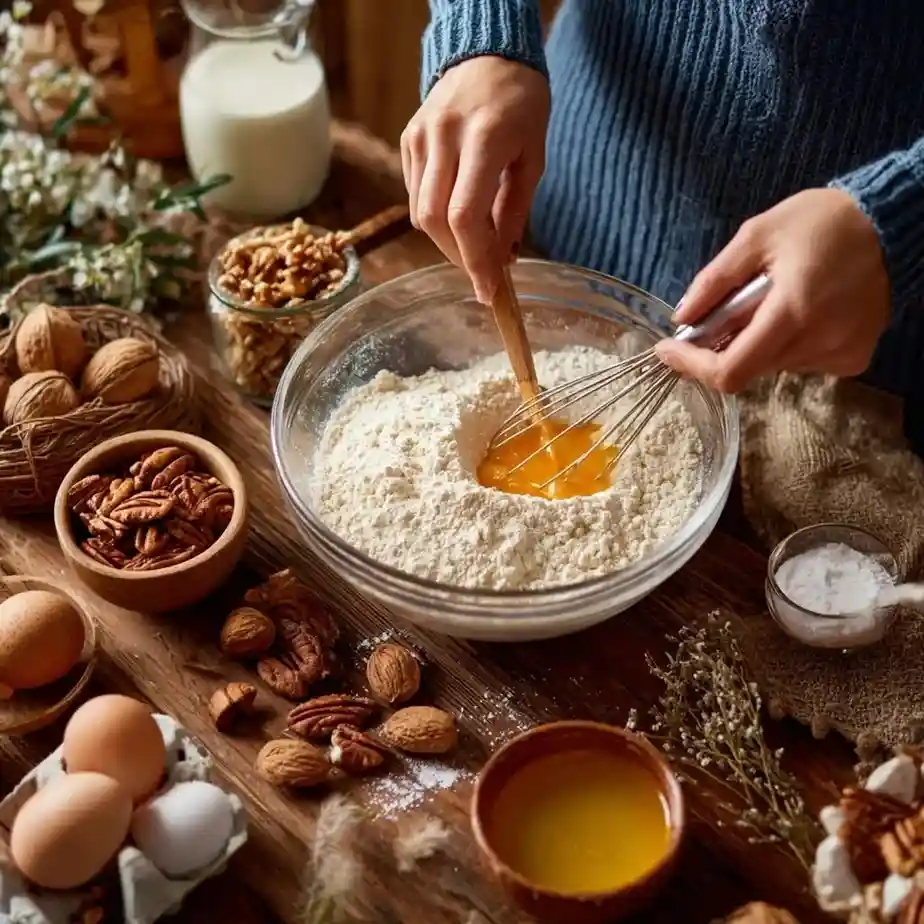 Baker whisking eggs into flour while preparing Thanksgiving cake batter, surrounded by pecans and walnuts.