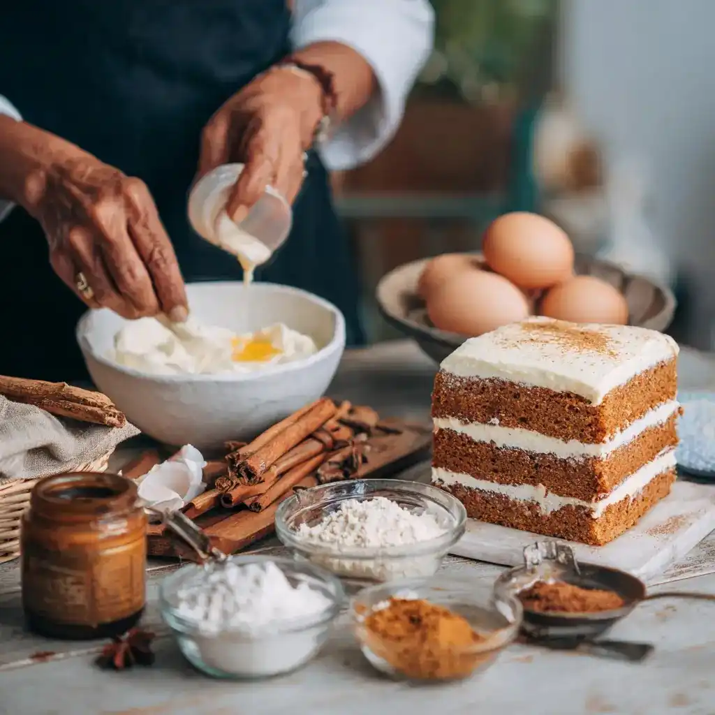 Hands mixing eggs and cream beside layered gingerbread cake and baking ingredients on a rustic table.