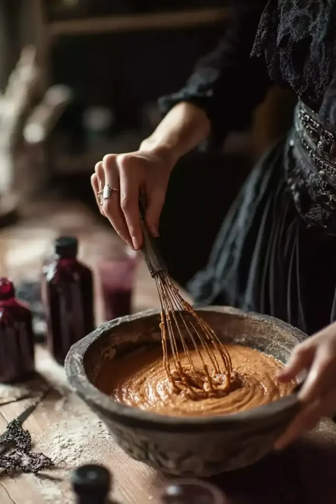 Person whisking gothic cake batter in a rustic bowl surrounded by vintage bottles.