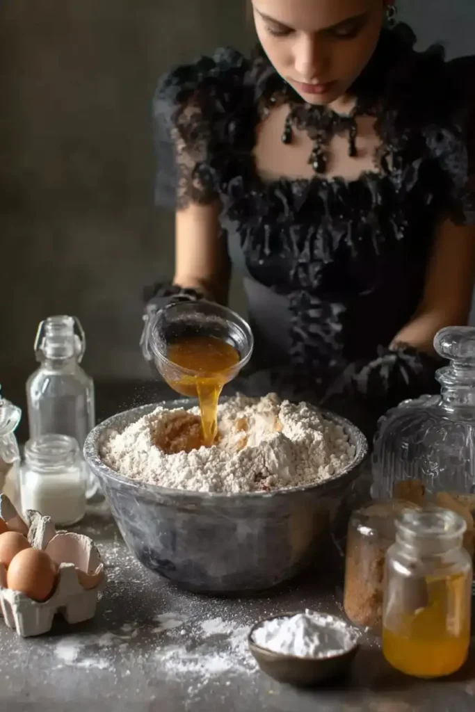Woman in black gothic dress pouring honey or syrup into a bowl of flour.