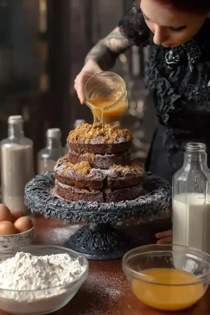 Woman drizzling caramel over layered chocolate cake in a gothic kitchen.