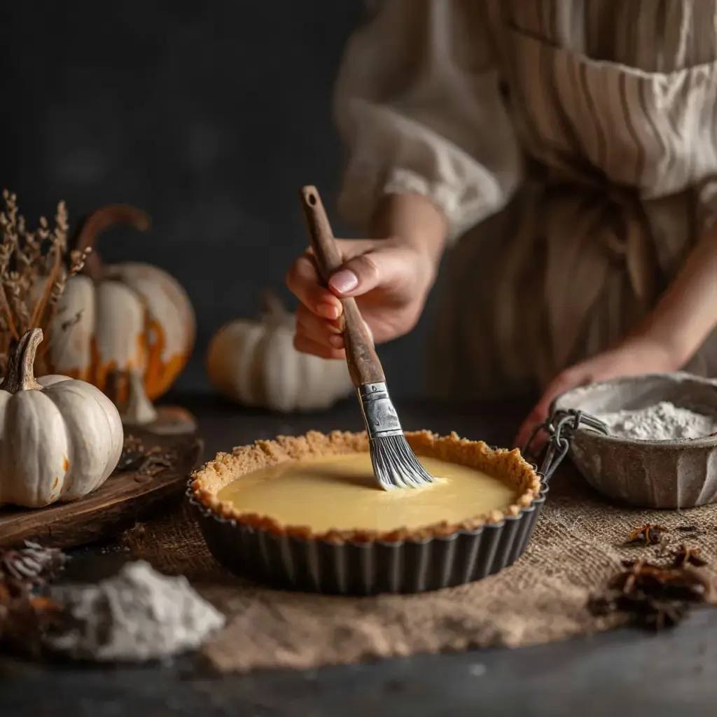 person brushing pumpkin tart crust before baking surrounded by pumpkins and flour